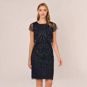 NWT Adrianna Papell Midnight Blue Short Sleeve Beaded Cocktail Dress SIZE 8